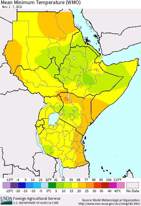 Eastern Africa Minimum Temperature (WMO) Thematic Map For 11/1/2021 - 11/7/2021