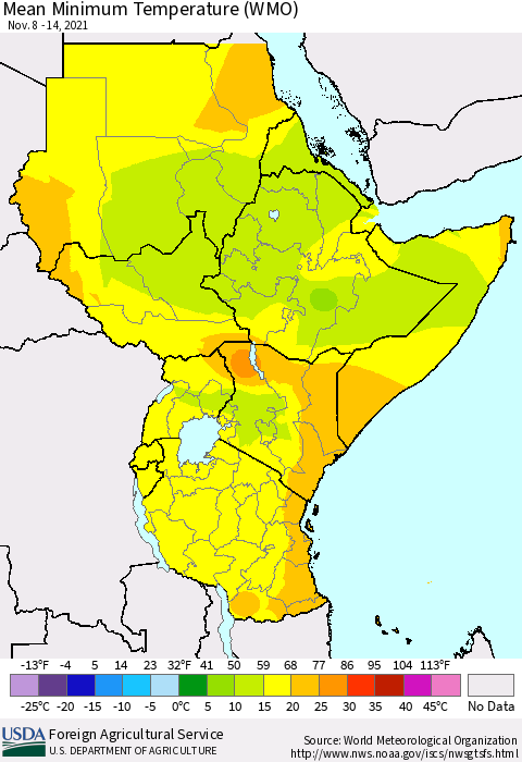 Eastern Africa Minimum Temperature (WMO) Thematic Map For 11/8/2021 - 11/14/2021