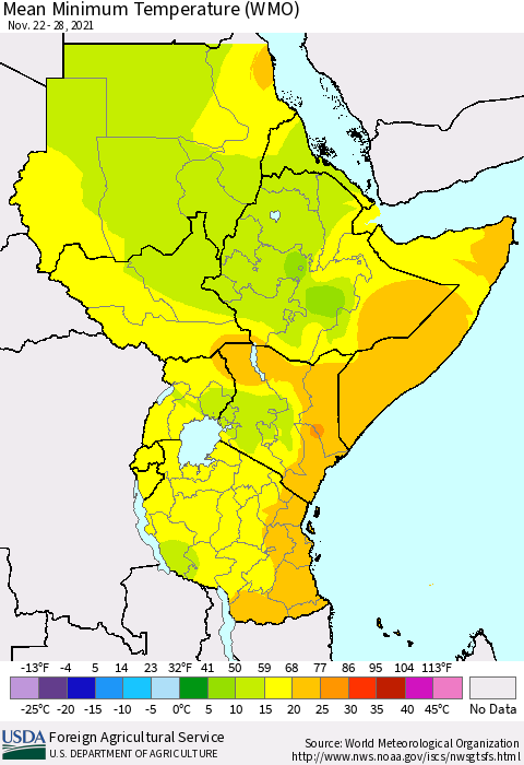 Eastern Africa Minimum Temperature (WMO) Thematic Map For 11/22/2021 - 11/28/2021