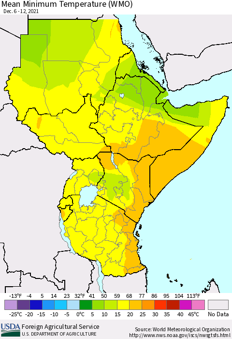 Eastern Africa Minimum Temperature (WMO) Thematic Map For 12/6/2021 - 12/12/2021
