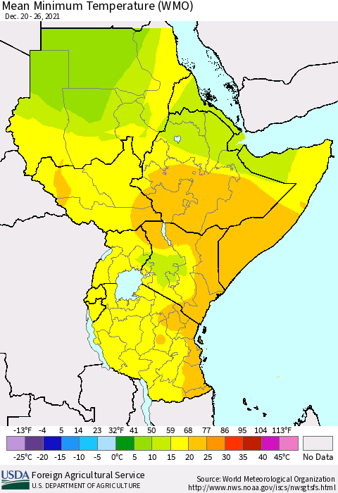 Eastern Africa Minimum Temperature (WMO) Thematic Map For 12/20/2021 - 12/26/2021