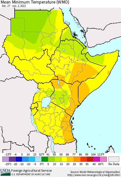 Eastern Africa Minimum Temperature (WMO) Thematic Map For 12/27/2021 - 1/2/2022