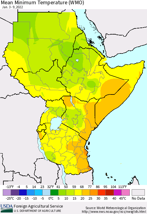 Eastern Africa Minimum Temperature (WMO) Thematic Map For 1/3/2022 - 1/9/2022