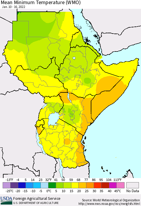 Eastern Africa Minimum Temperature (WMO) Thematic Map For 1/10/2022 - 1/16/2022