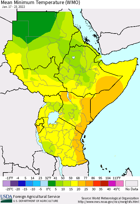 Eastern Africa Minimum Temperature (WMO) Thematic Map For 1/17/2022 - 1/23/2022