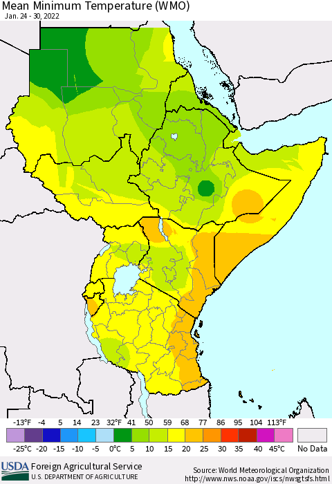 Eastern Africa Minimum Temperature (WMO) Thematic Map For 1/24/2022 - 1/30/2022