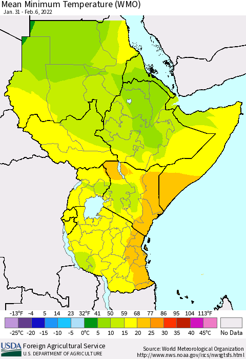 Eastern Africa Minimum Temperature (WMO) Thematic Map For 1/31/2022 - 2/6/2022