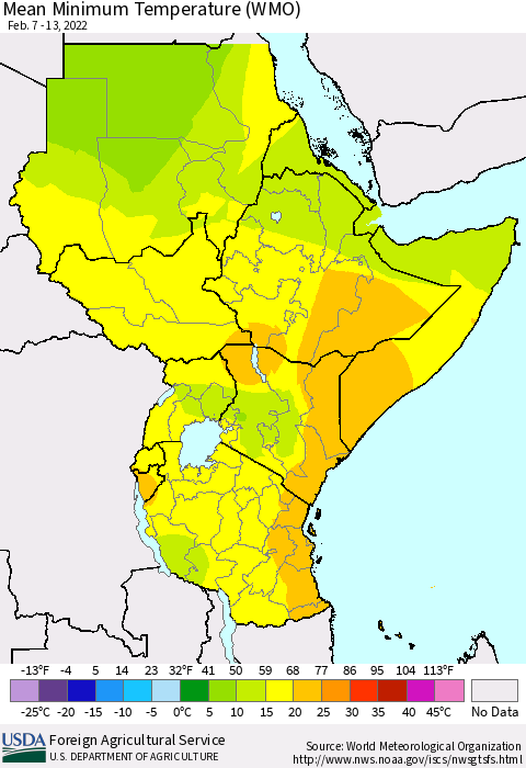 Eastern Africa Minimum Temperature (WMO) Thematic Map For 2/7/2022 - 2/13/2022