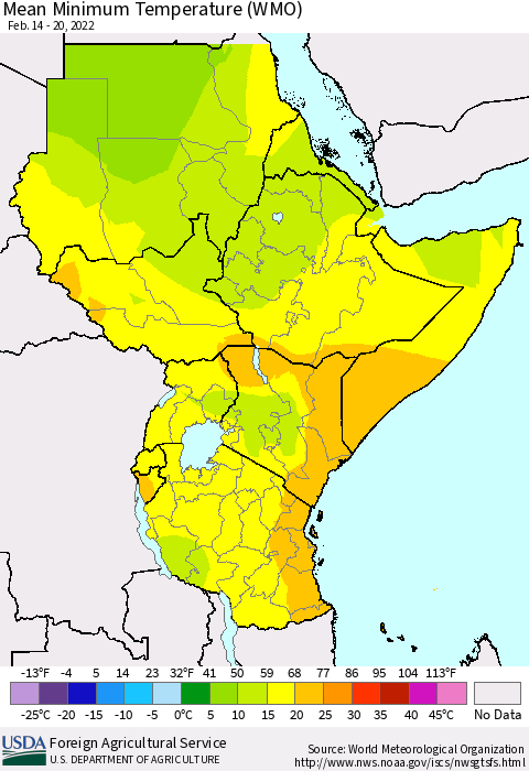 Eastern Africa Minimum Temperature (WMO) Thematic Map For 2/14/2022 - 2/20/2022