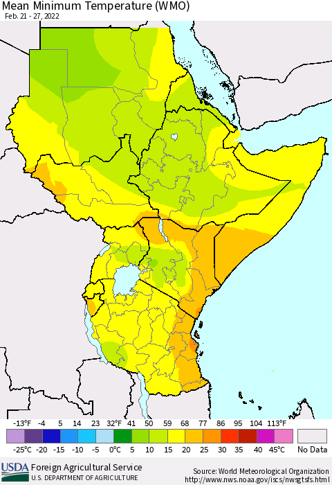 Eastern Africa Minimum Temperature (WMO) Thematic Map For 2/21/2022 - 2/27/2022