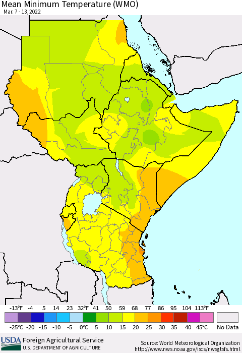 Eastern Africa Minimum Temperature (WMO) Thematic Map For 3/7/2022 - 3/13/2022