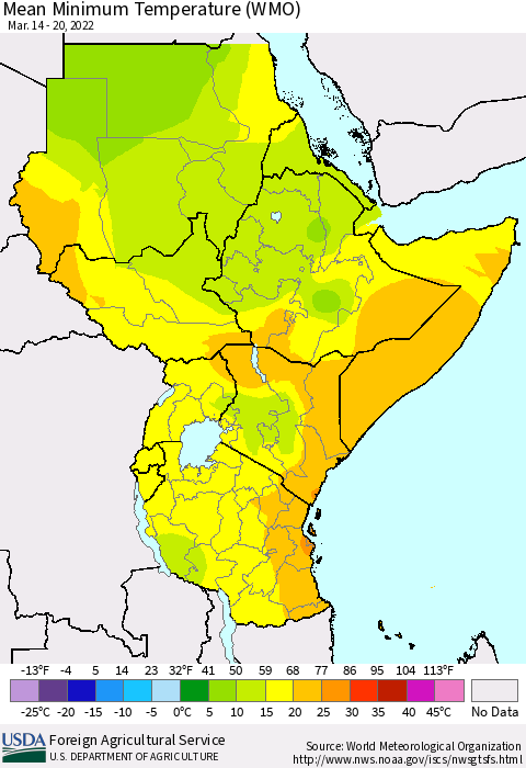 Eastern Africa Minimum Temperature (WMO) Thematic Map For 3/14/2022 - 3/20/2022