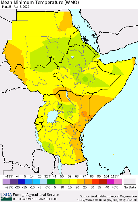 Eastern Africa Minimum Temperature (WMO) Thematic Map For 3/28/2022 - 4/3/2022