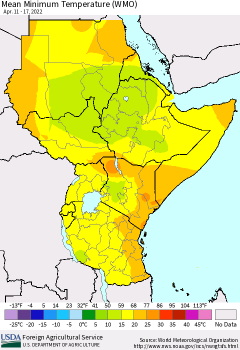 Eastern Africa Minimum Temperature (WMO) Thematic Map For 4/11/2022 - 4/17/2022
