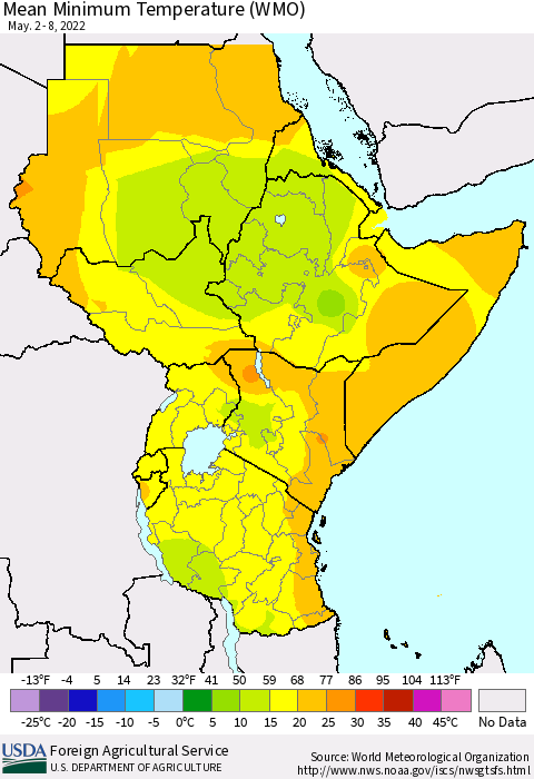 Eastern Africa Minimum Temperature (WMO) Thematic Map For 5/2/2022 - 5/8/2022