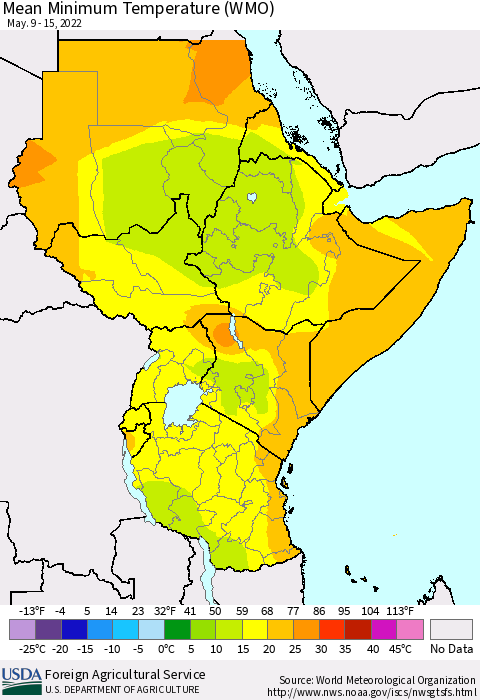 Eastern Africa Minimum Temperature (WMO) Thematic Map For 5/9/2022 - 5/15/2022