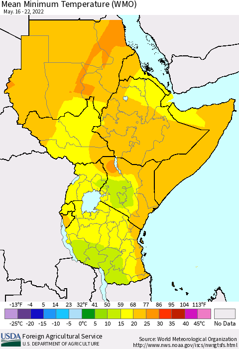 Eastern Africa Minimum Temperature (WMO) Thematic Map For 5/16/2022 - 5/22/2022