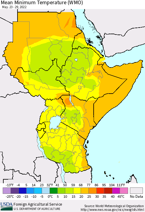 Eastern Africa Minimum Temperature (WMO) Thematic Map For 5/23/2022 - 5/29/2022