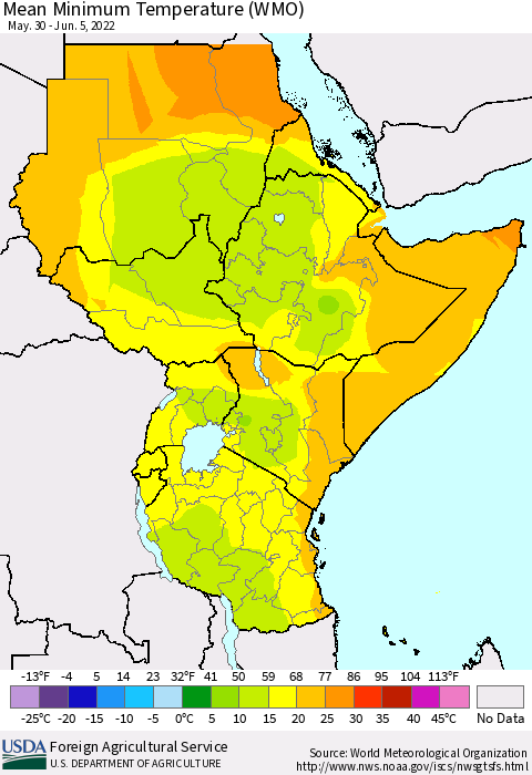 Eastern Africa Minimum Temperature (WMO) Thematic Map For 5/30/2022 - 6/5/2022