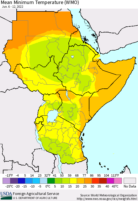 Eastern Africa Minimum Temperature (WMO) Thematic Map For 6/6/2022 - 6/12/2022