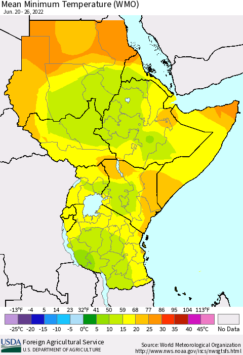 Eastern Africa Minimum Temperature (WMO) Thematic Map For 6/20/2022 - 6/26/2022