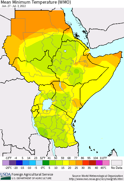 Eastern Africa Minimum Temperature (WMO) Thematic Map For 6/27/2022 - 7/3/2022