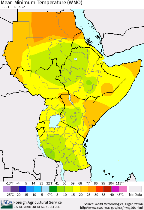 Eastern Africa Minimum Temperature (WMO) Thematic Map For 7/11/2022 - 7/17/2022