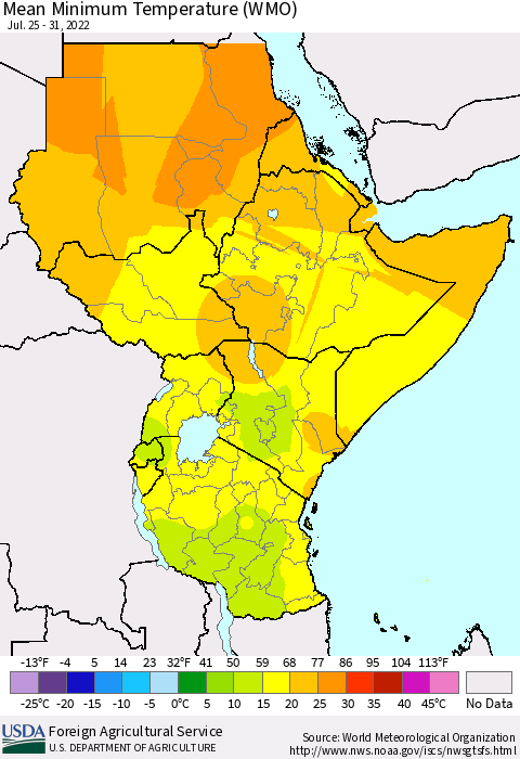 Eastern Africa Minimum Temperature (WMO) Thematic Map For 7/25/2022 - 7/31/2022