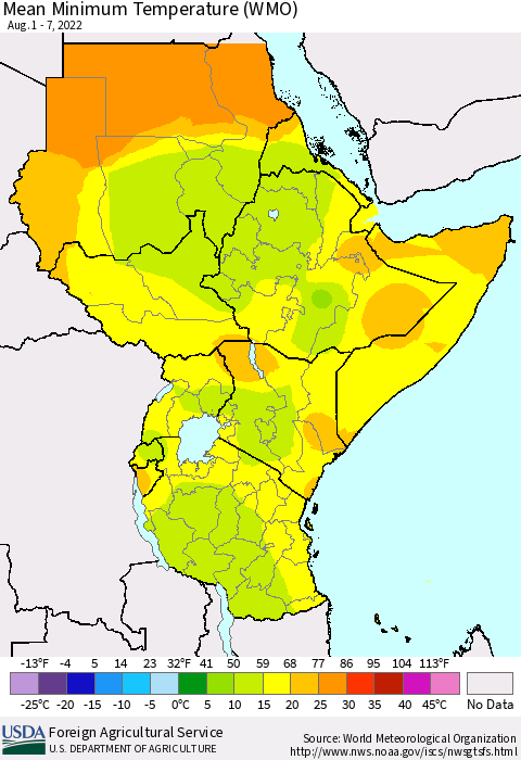 Eastern Africa Minimum Temperature (WMO) Thematic Map For 8/1/2022 - 8/7/2022