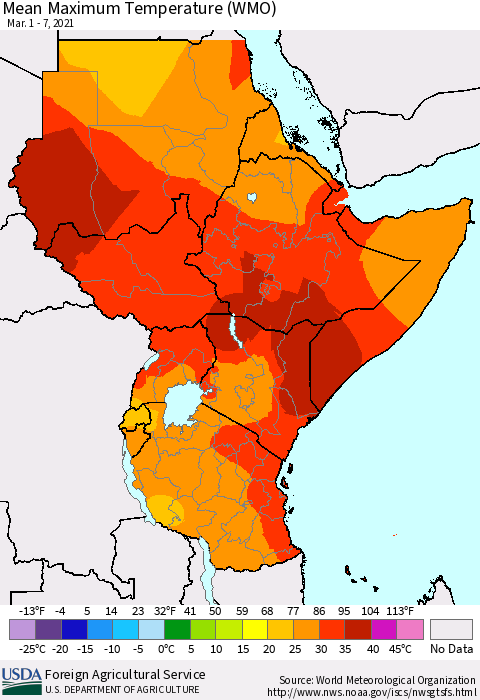 Eastern Africa Maximum Temperature (WMO) Thematic Map For 3/1/2021 - 3/7/2021