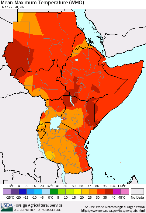 Eastern Africa Maximum Temperature (WMO) Thematic Map For 3/22/2021 - 3/28/2021