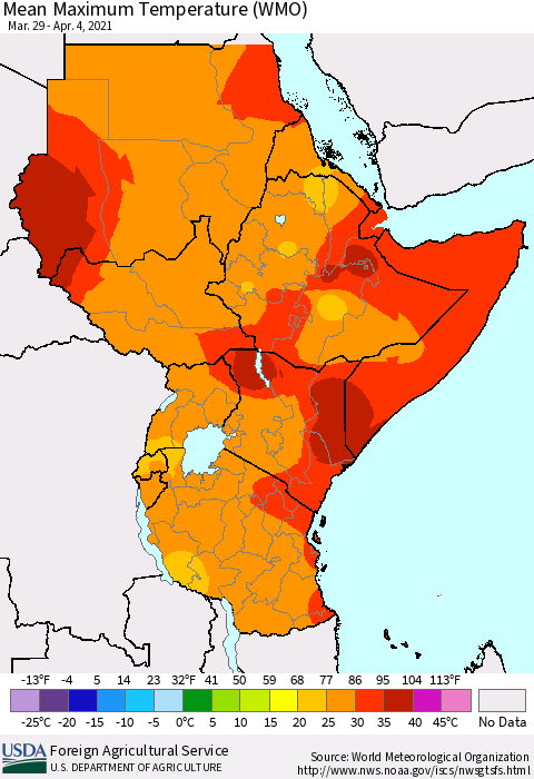 Eastern Africa Maximum Temperature (WMO) Thematic Map For 3/29/2021 - 4/4/2021