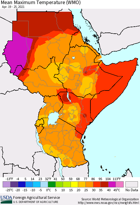 Eastern Africa Maximum Temperature (WMO) Thematic Map For 4/19/2021 - 4/25/2021