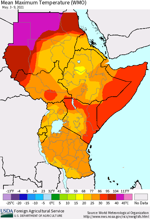 Eastern Africa Maximum Temperature (WMO) Thematic Map For 5/3/2021 - 5/9/2021
