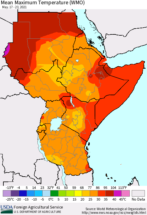 Eastern Africa Maximum Temperature (WMO) Thematic Map For 5/17/2021 - 5/23/2021