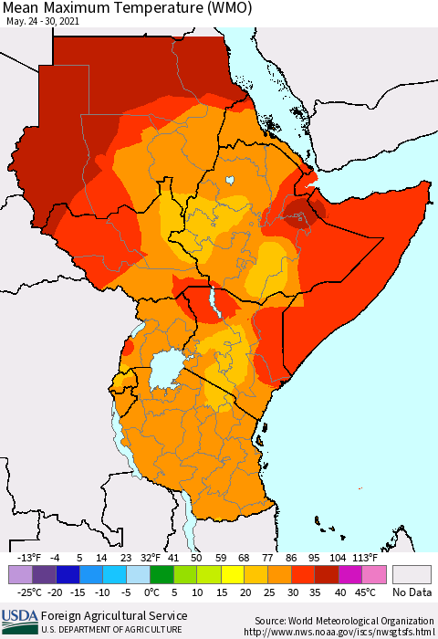 Eastern Africa Maximum Temperature (WMO) Thematic Map For 5/24/2021 - 5/30/2021