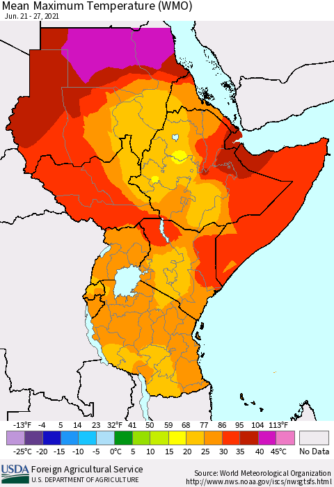 Eastern Africa Maximum Temperature (WMO) Thematic Map For 6/21/2021 - 6/27/2021