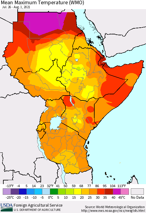 Eastern Africa Maximum Temperature (WMO) Thematic Map For 7/26/2021 - 8/1/2021