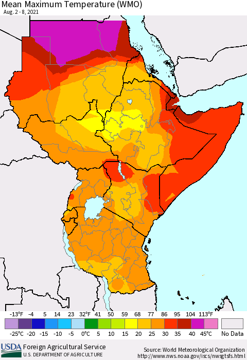 Eastern Africa Maximum Temperature (WMO) Thematic Map For 8/2/2021 - 8/8/2021