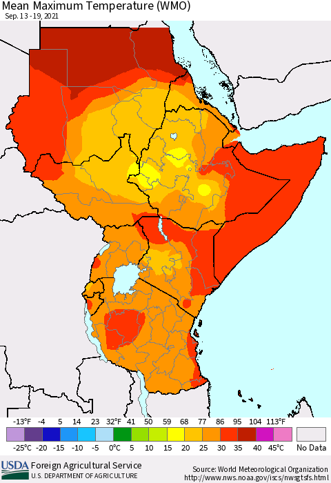 Eastern Africa Maximum Temperature (WMO) Thematic Map For 9/13/2021 - 9/19/2021