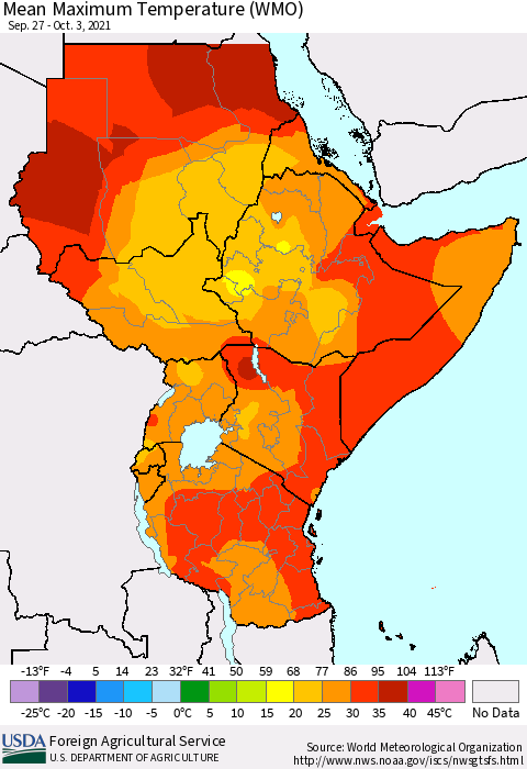 Eastern Africa Maximum Temperature (WMO) Thematic Map For 9/27/2021 - 10/3/2021