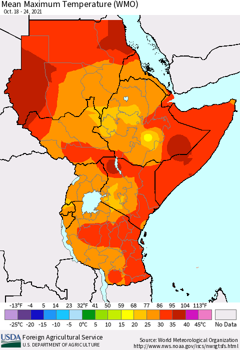 Eastern Africa Maximum Temperature (WMO) Thematic Map For 10/18/2021 - 10/24/2021