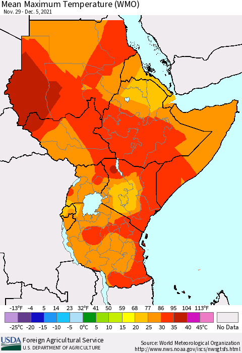 Eastern Africa Maximum Temperature (WMO) Thematic Map For 11/29/2021 - 12/5/2021