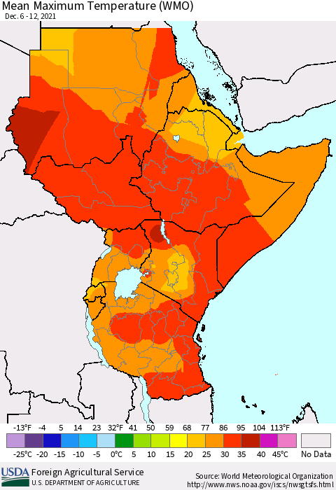 Eastern Africa Maximum Temperature (WMO) Thematic Map For 12/6/2021 - 12/12/2021