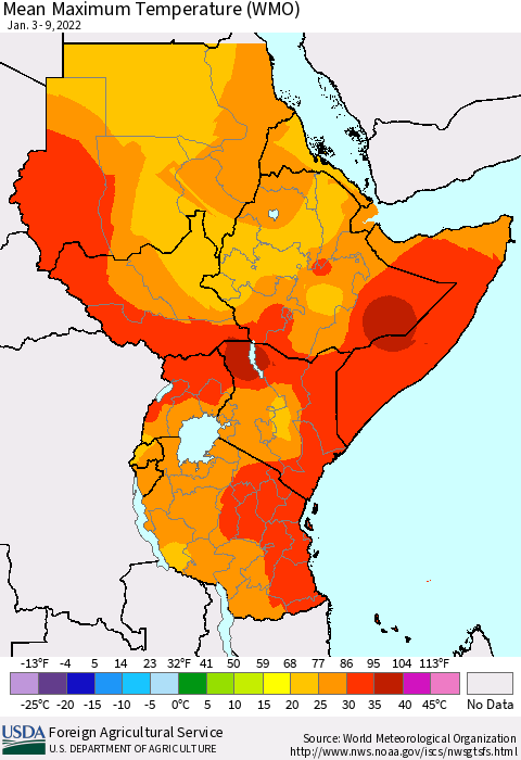 Eastern Africa Maximum Temperature (WMO) Thematic Map For 1/3/2022 - 1/9/2022