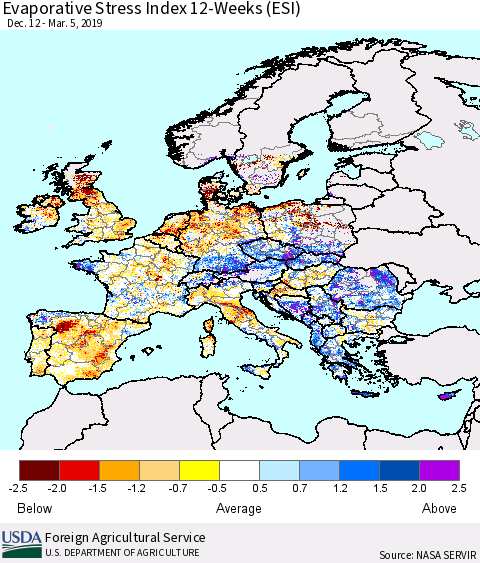 Europe Evaporative Stress Index (ESI), 12-Weeks Thematic Map For 3/4/2019 - 3/10/2019