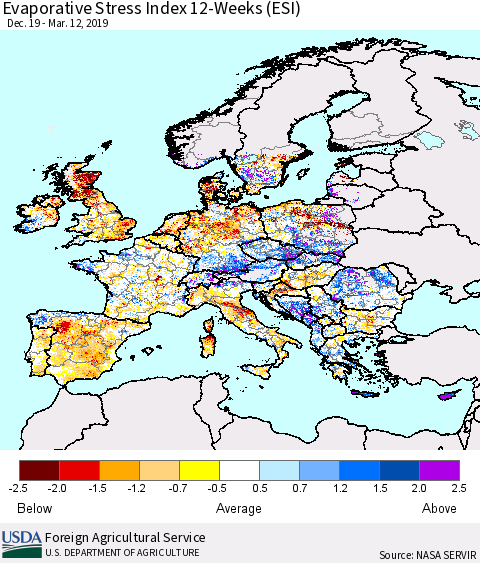 Europe Evaporative Stress Index (ESI), 12-Weeks Thematic Map For 3/11/2019 - 3/17/2019