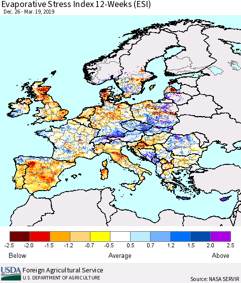 Europe Evaporative Stress Index (ESI), 12-Weeks Thematic Map For 3/18/2019 - 3/24/2019