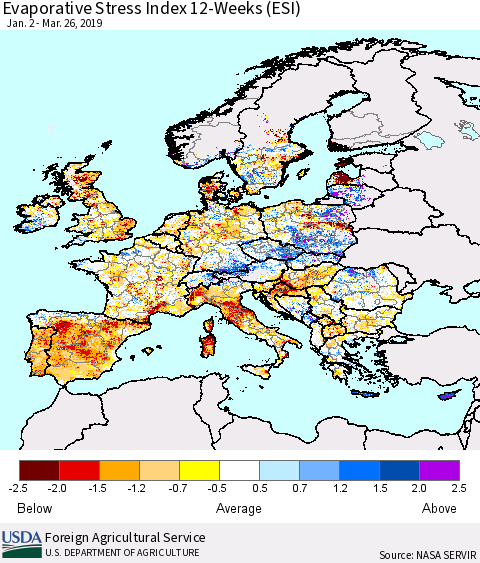 Europe Evaporative Stress Index (ESI), 12-Weeks Thematic Map For 3/25/2019 - 3/31/2019