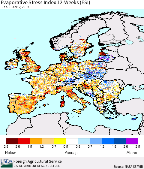 Europe Evaporative Stress Index (ESI), 12-Weeks Thematic Map For 4/1/2019 - 4/7/2019